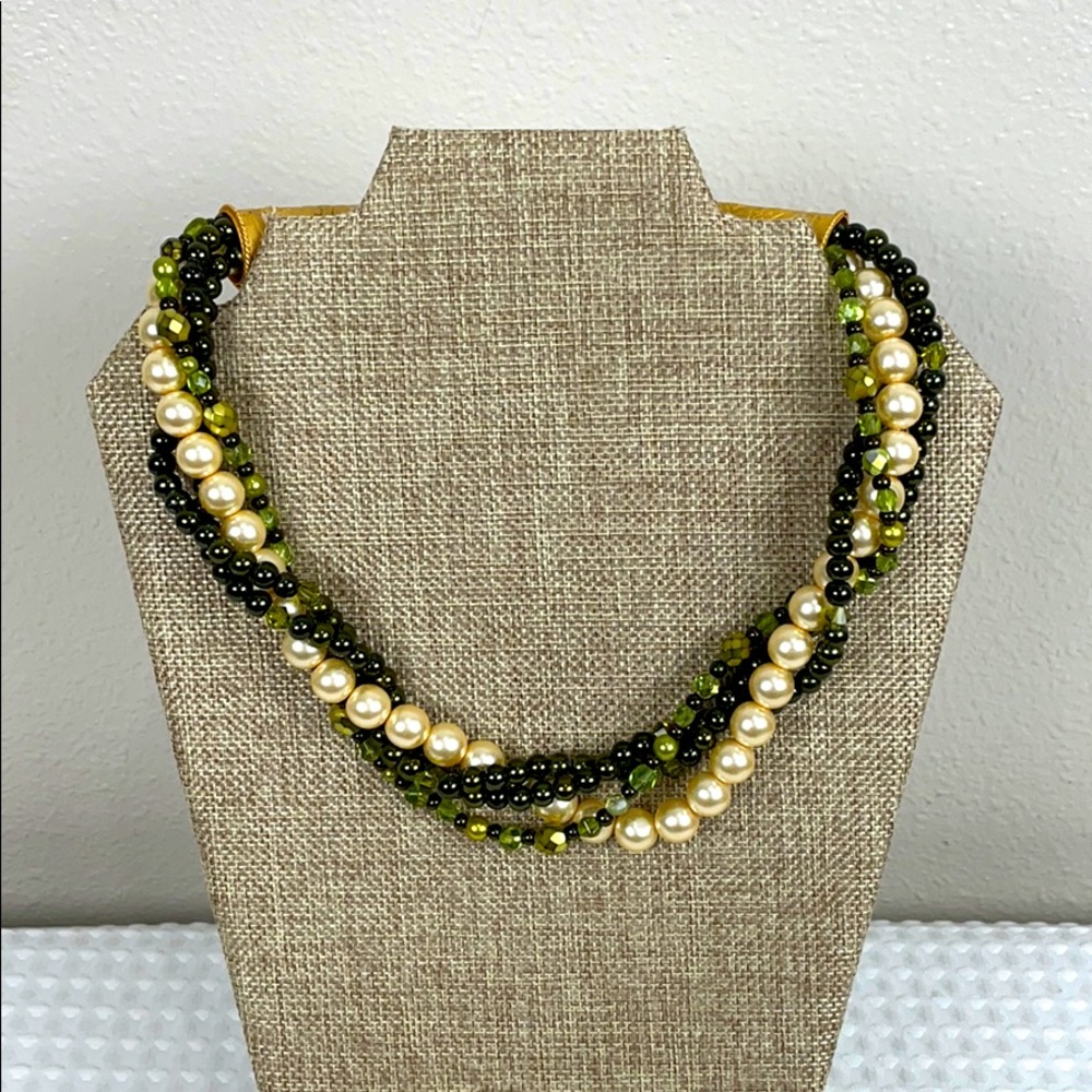 Green, gold, and pearl beaded necklace- handmade